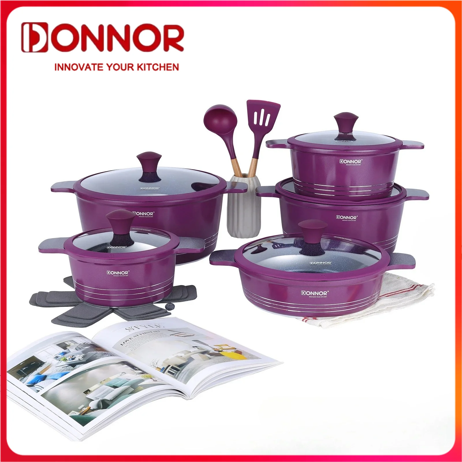 

DONNOR 15pcs/set Non Stick Pan Cookware Ceramic Frying Pan Soup Pot with Lid Anti Scald Double Ear Stove Universal Kitchen Tools