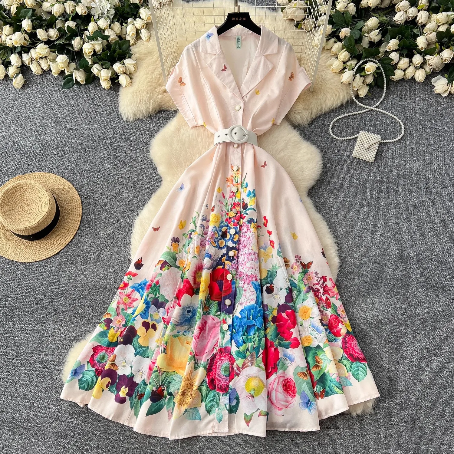 

Summer Holiday Floral Print Dress Women's Notched Short Sleeve Single Breasted Buttons Up Belt Boho Maxi Long Robe Vestidos