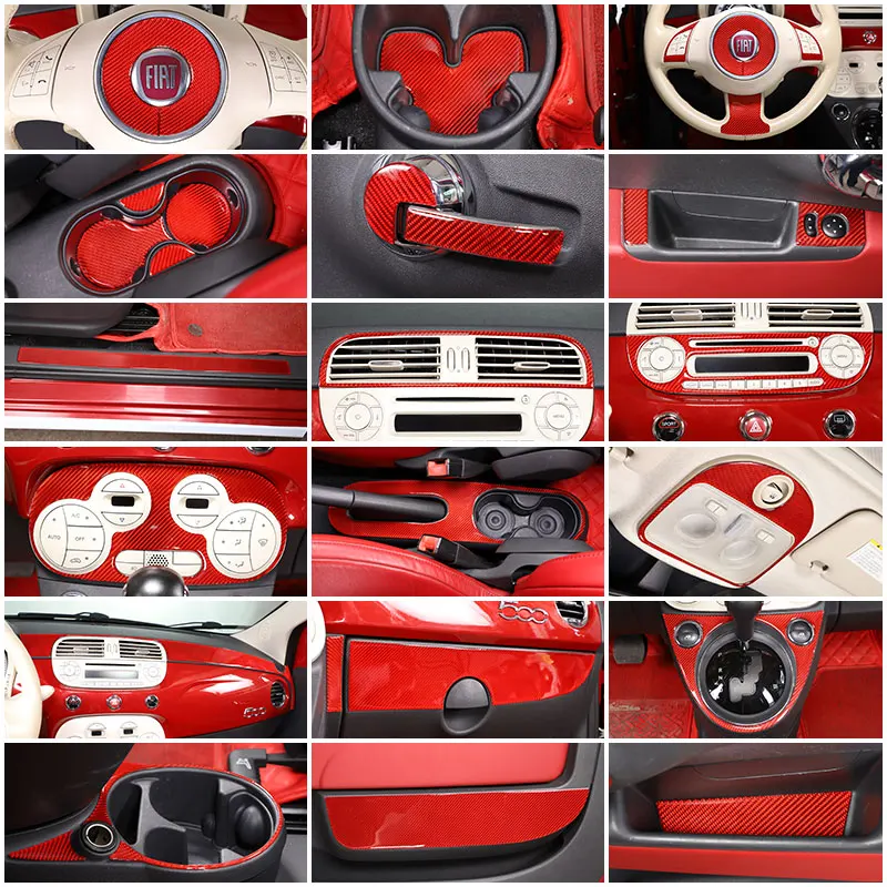 For Fiat 500 11-19 real Carbon Fiber Car Gear Panel Central Instrument Trim Sticker Interior set Car Accessories（Red Soft Carbon