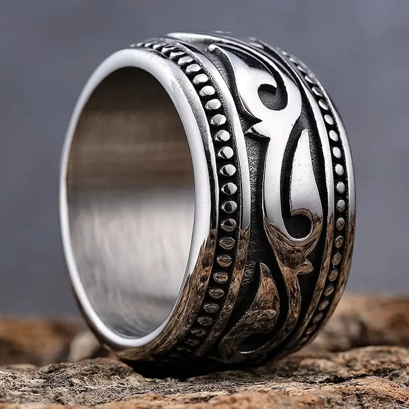 Men's 13mm Wide Celtic Knot Ring with Retro Carved Pattern 316L Stainless Steel Pirate Witch Party Punk Accessory