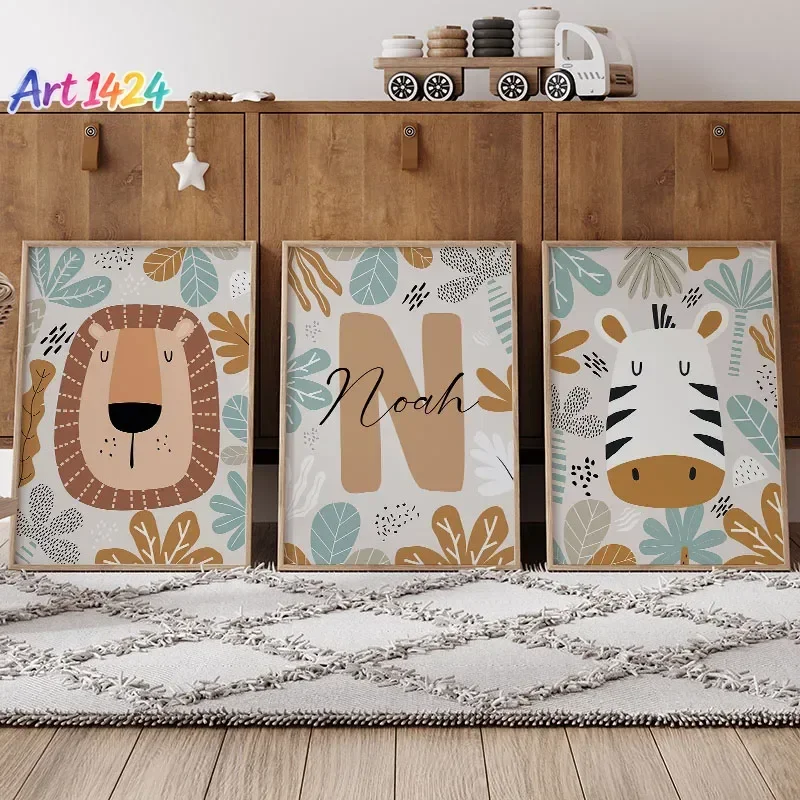 Lion Zebra Leaf Custom Name Nursery Wall Art Canvas Painting Animals Nordic Posters And Prints Pictures For Baby Kids Room De