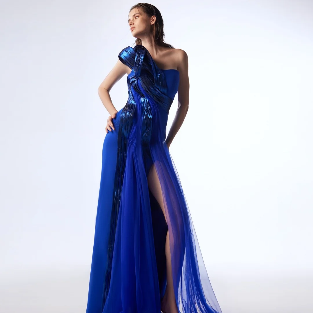 

Customized Graceful Jersey Straight One Shoulder Evening Dresses Strapless Zipper Back Sleeveless Panel Train Prom Dress