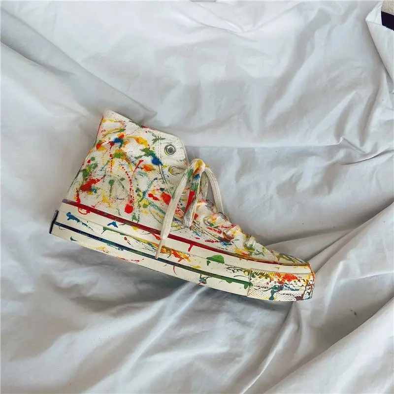 Korean Style Spring Summer Hand-painted Splatter Canvas Shoes White Sneakers