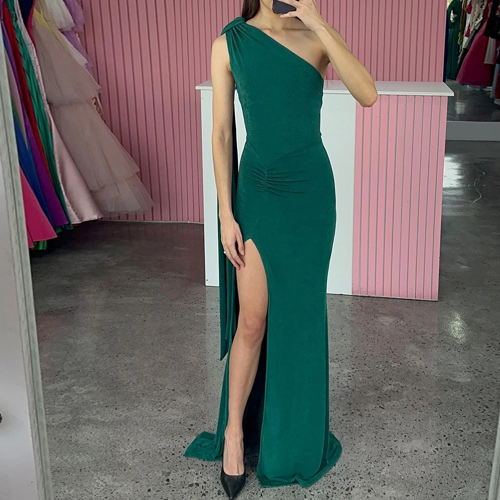 

Women Pleats Evening Dress GowModern One Shoulder Jersey Sleeveless Green Straight Floor Length Saudi Arabia Side slit