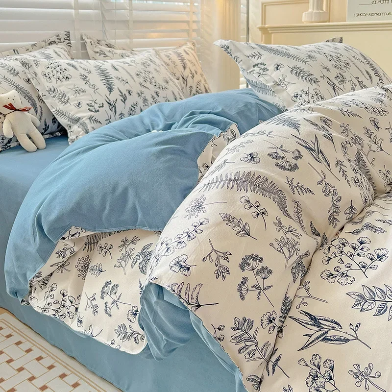 New Style Fresh Pure Cotton Matte Four Piece Set, Thickened Washed Cotton Bed Sheets, Duvet Cover, Dormitory Three Piece Bedding