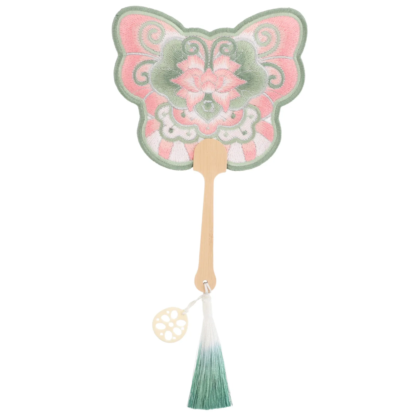 Chinese Floral Fan Embroidered Lotus Design Handheld Wooden Handle Traditional Round Fan Wedding Party Decoration