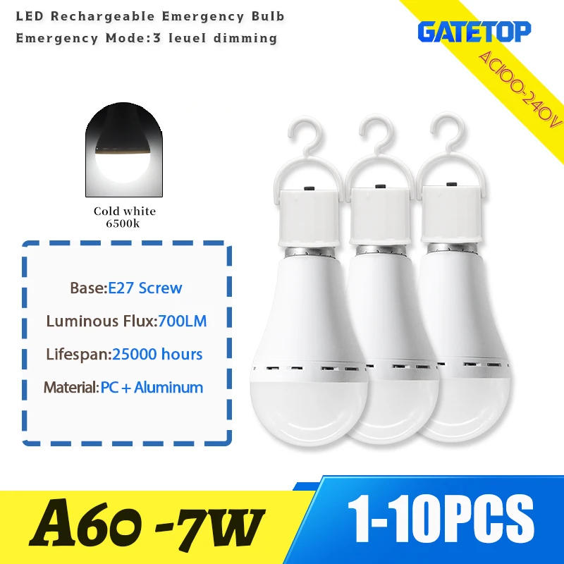 1-10PCS A60LED Rechargeable Bulb Light E27 7W Emergency Bulb AC100-240V for Home Power Outdoor Camping Failure Porch Garden Lamp