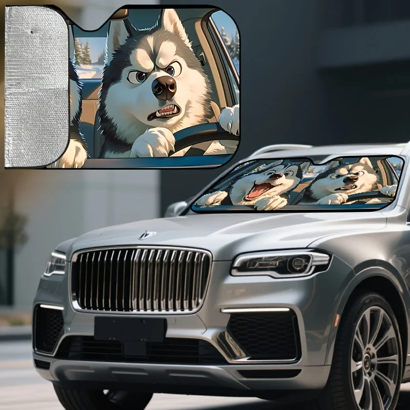 Front Sunshade For Featuring A Playful Husky Design – Offers UV Protection, Blocks Heat, And Is Easy To Install For Any Vehicle