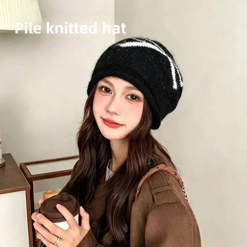Retro Knitted Bow Baotou Hat for Women Oversized Big Head Circumference Face Slimming Small Pile Warm Autumn Winter Cap