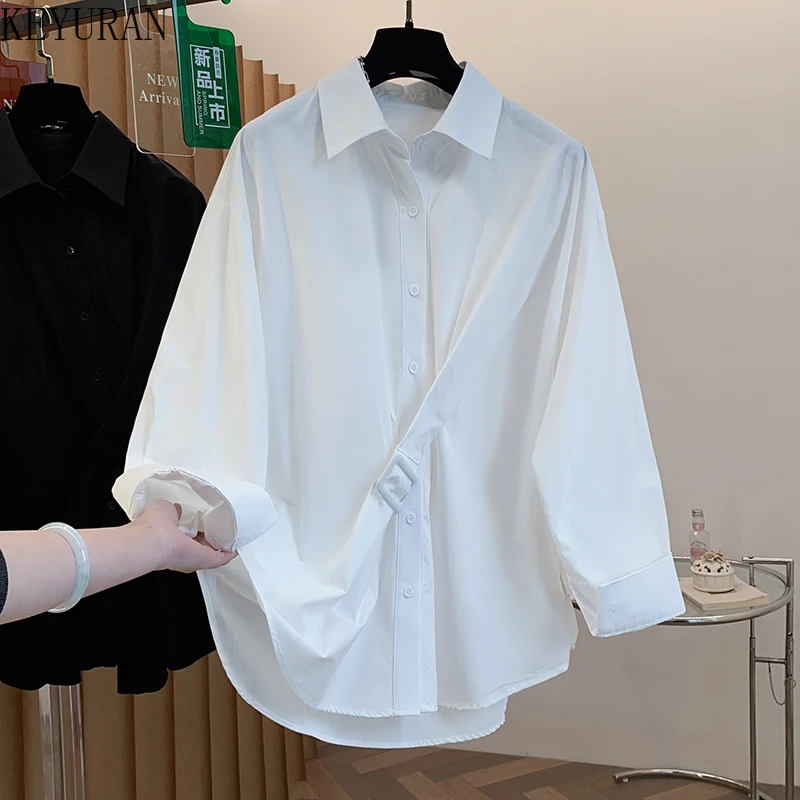 

2026 New Women Black White Long Sleeve Shirts Women's Clothing Korean Chic Turn-down Collar Loose Long Sleeve Casual Blouse Tops