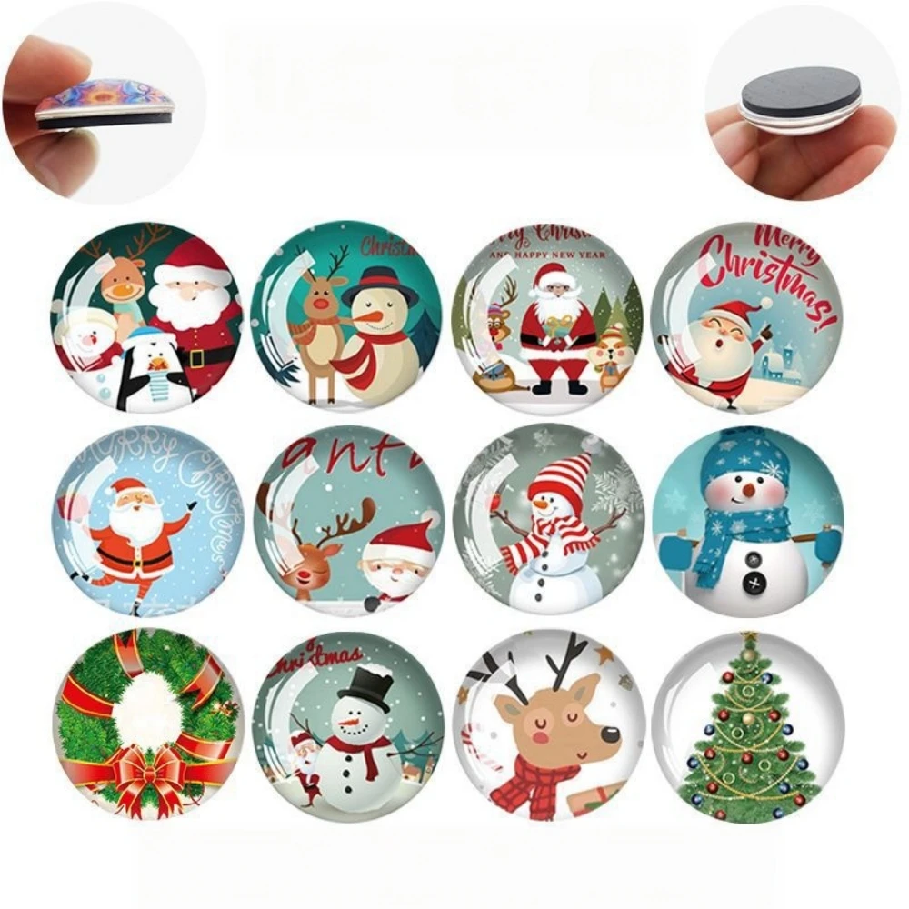 12 PCS 3‑5cm Christmas Glass Fridge Magnets, Soft Magnetic Stickers, Santa Snowman Refrigerator Decor for Xmas Holiday Party