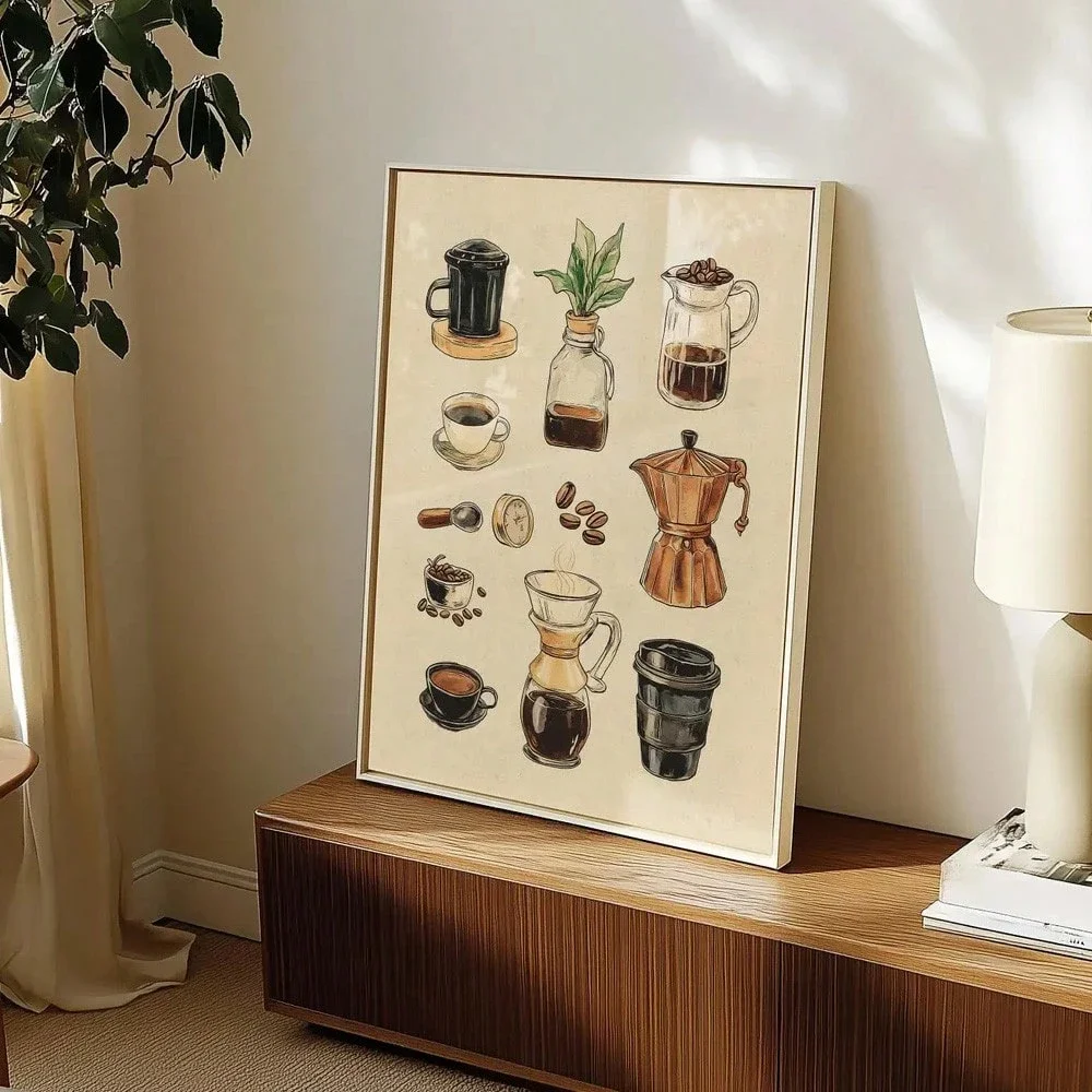 Unframed/Framed Retro Coffee Chart Rustic Canvas Poster Print Coffee Lover Bar Cart Minimalist Kitchen Drinks Wall Art Painting