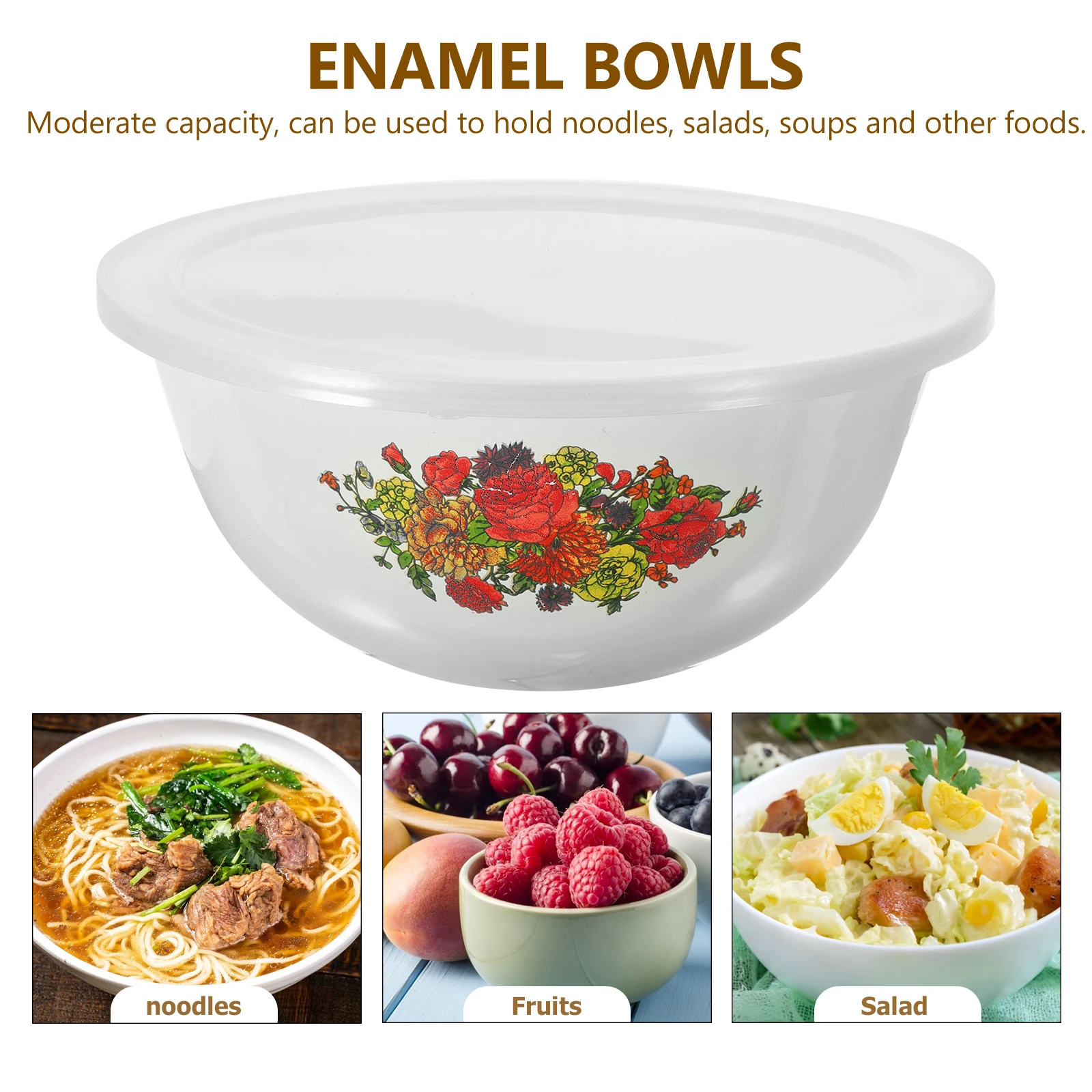 

Retro Enamel Basin with Lid 20CM Multi-functional Kitchen Bowl Soup Noodle Fruit Salad Large Capacity Porcelain Storage