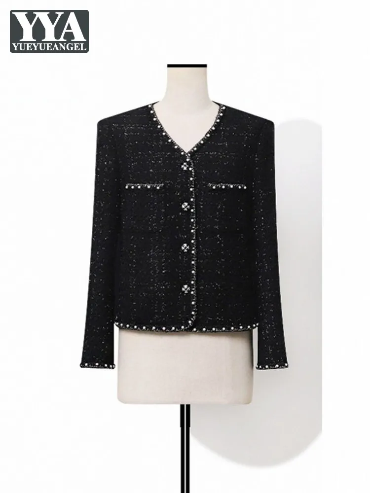 Spring Autumn Lady Elegant Single Breasted Pearl Border V Neck Plaid Jacket Long Sleeve Office Women Casual Short Coat Outerwear