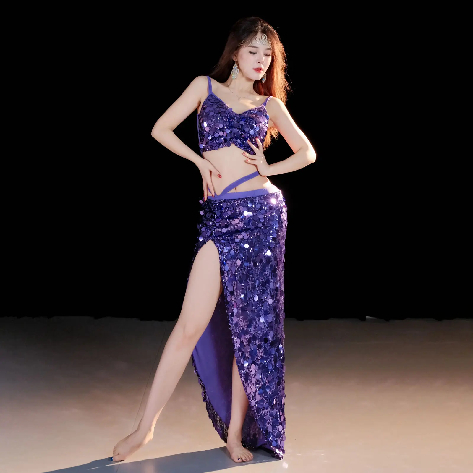 Sexy Belly Costume Set, 2pcs Sequin Top and Side Split Skirt, Oriental Solo Dance Performance Outfit for Women