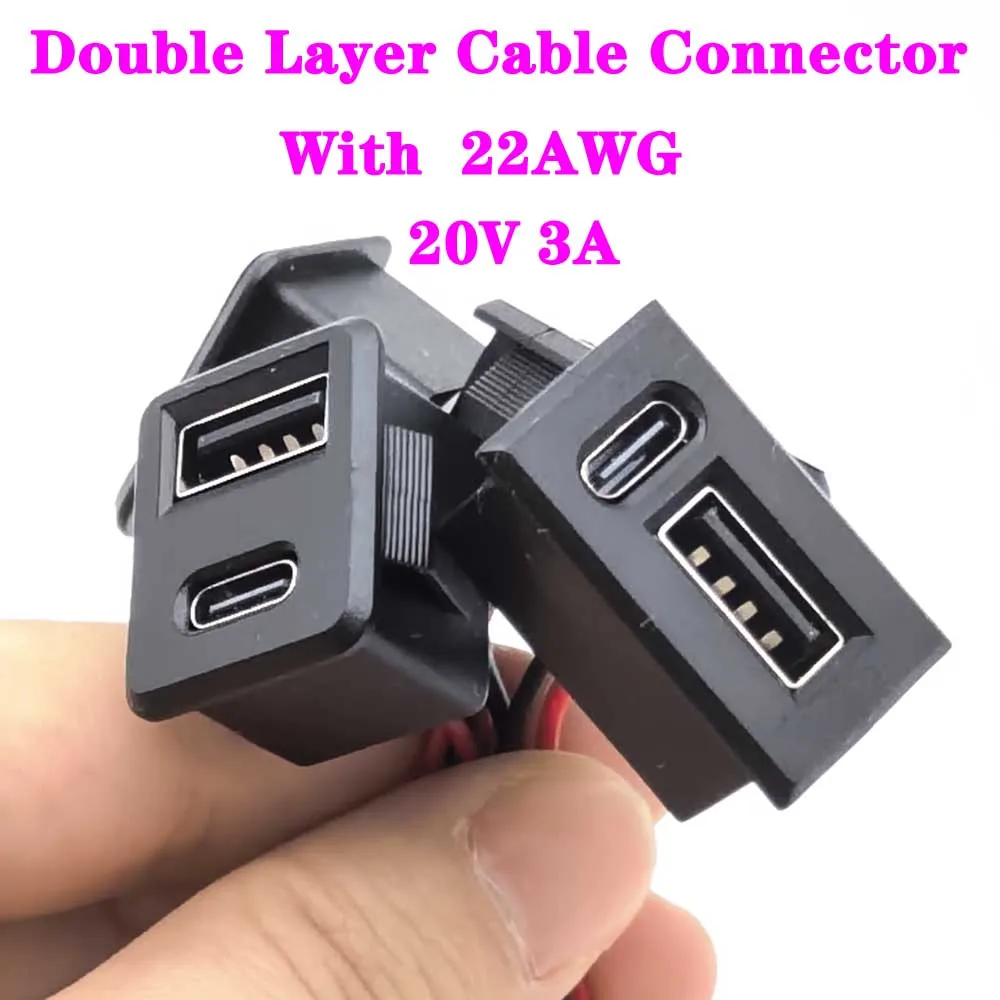

1-3pc 2Pin Double layer USB female base Type-C socket a female USB lamp charging socket power socket with SM2.54 cable connector