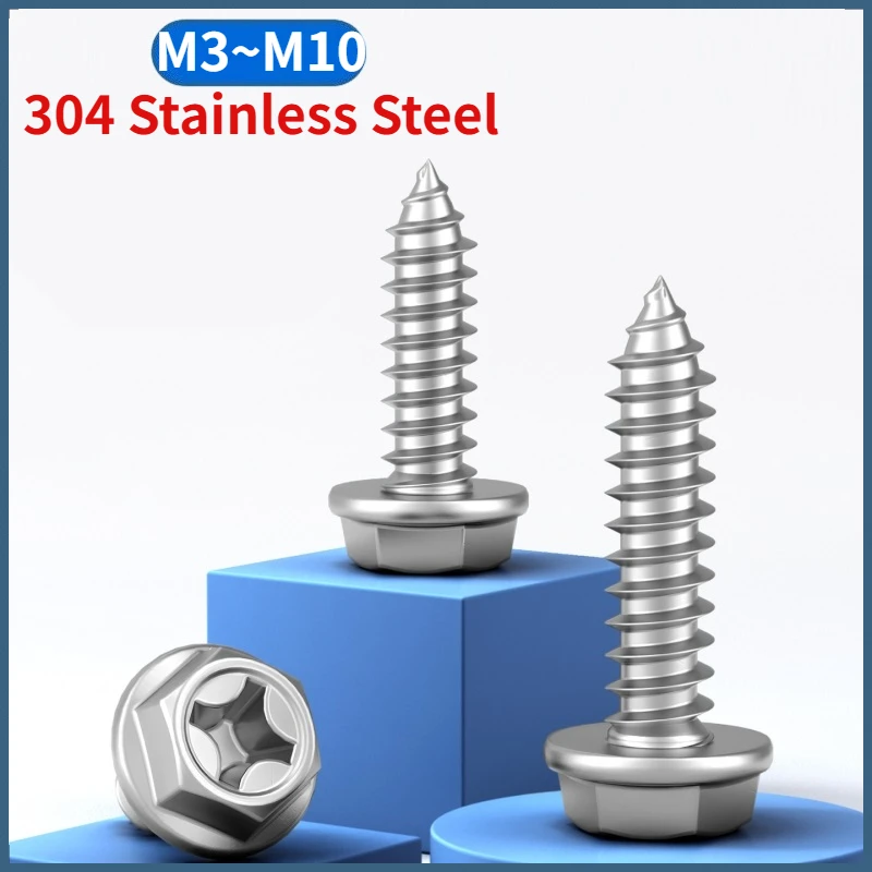 M3 M4 M5 M6 M8 M10 304 Stainless Steel Phillips Hex Flange Wood Bolts Cross Flange Washer Head Hexagon Self Tapping Screws