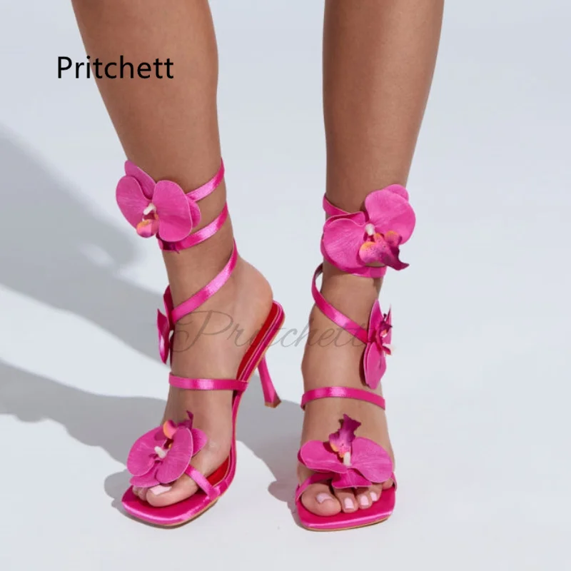 Rosy Red Satin Flowers Sandals for Women Open Toe Stiletto High Heels Summer Shoes Sweet Elegant Evening Party Wedding Shoes