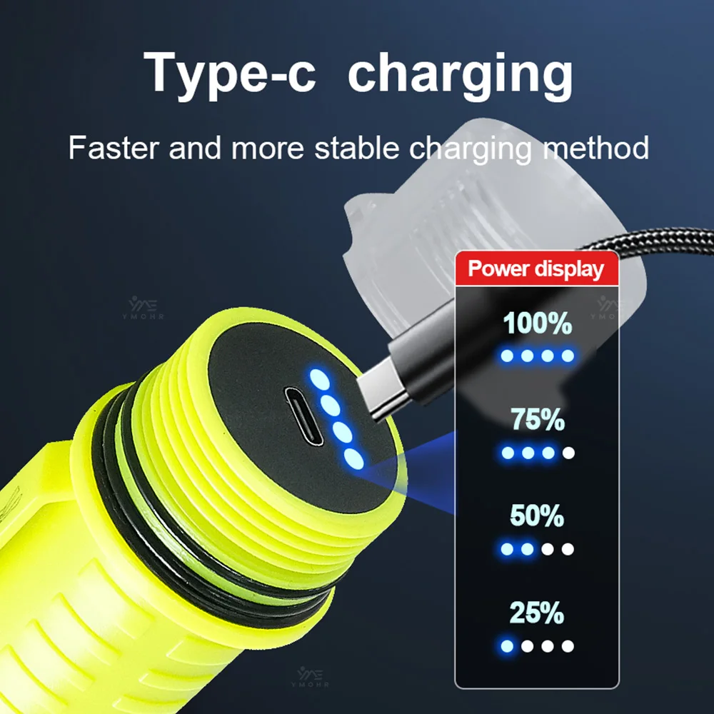 Nova Lanterna de Mergulho LED Profissional Portátil, Tocha Subaquática de Luz Forte, Lanterna de Mergulho à Prova d'Água IPX8, Lâmpada de Pesca