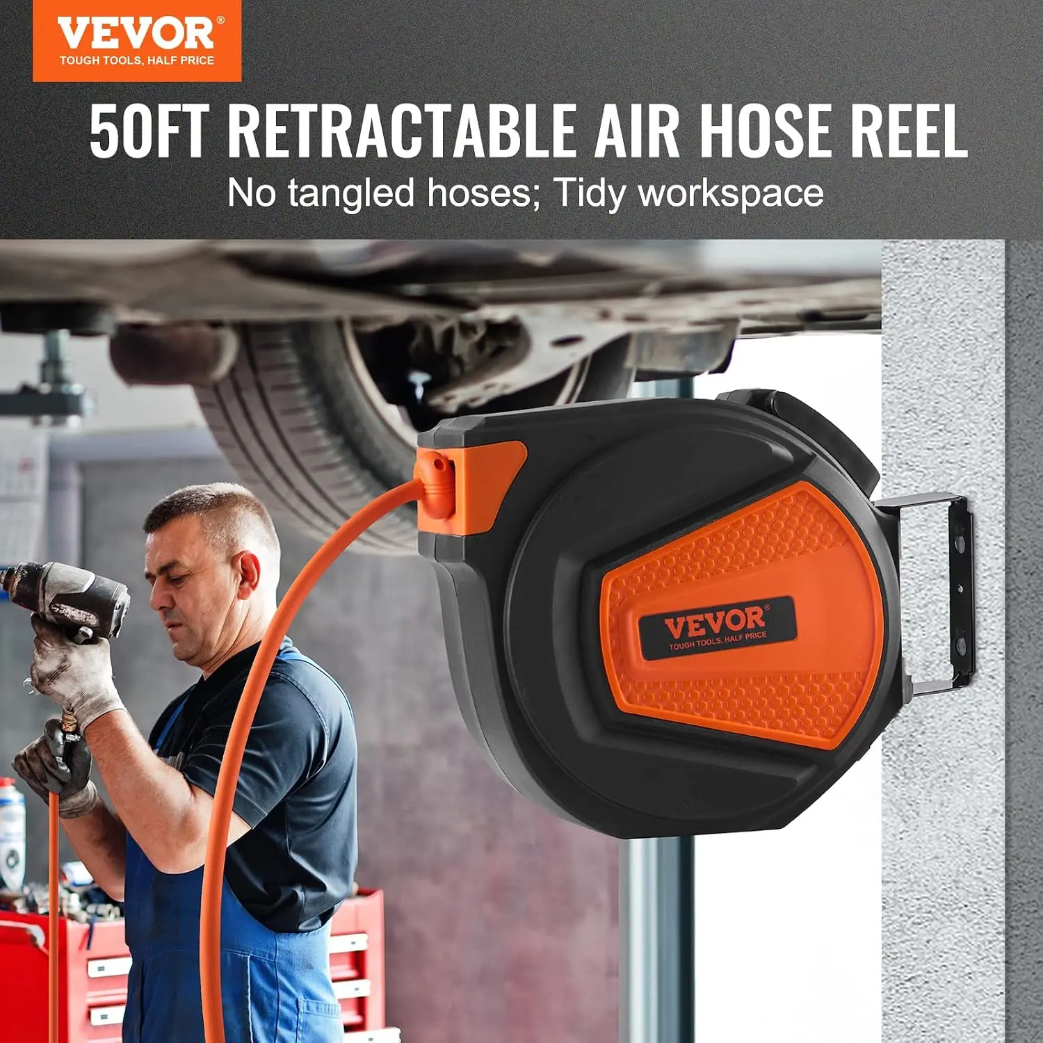 Retractable Air Hose Reel 3/8IN x 50FT Hybrid Air Hose Max 300PSI | 5ft Lead in, Ceiling/Wall Mount, 180° Swivel Mount, Enclosed