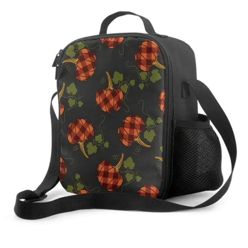 Fall Checkered Pumpkins Lunch Box Women Lunch Bag with Water Bottle Holder Kids Cooler Bag Insulated Lunchbox for Boys Girls