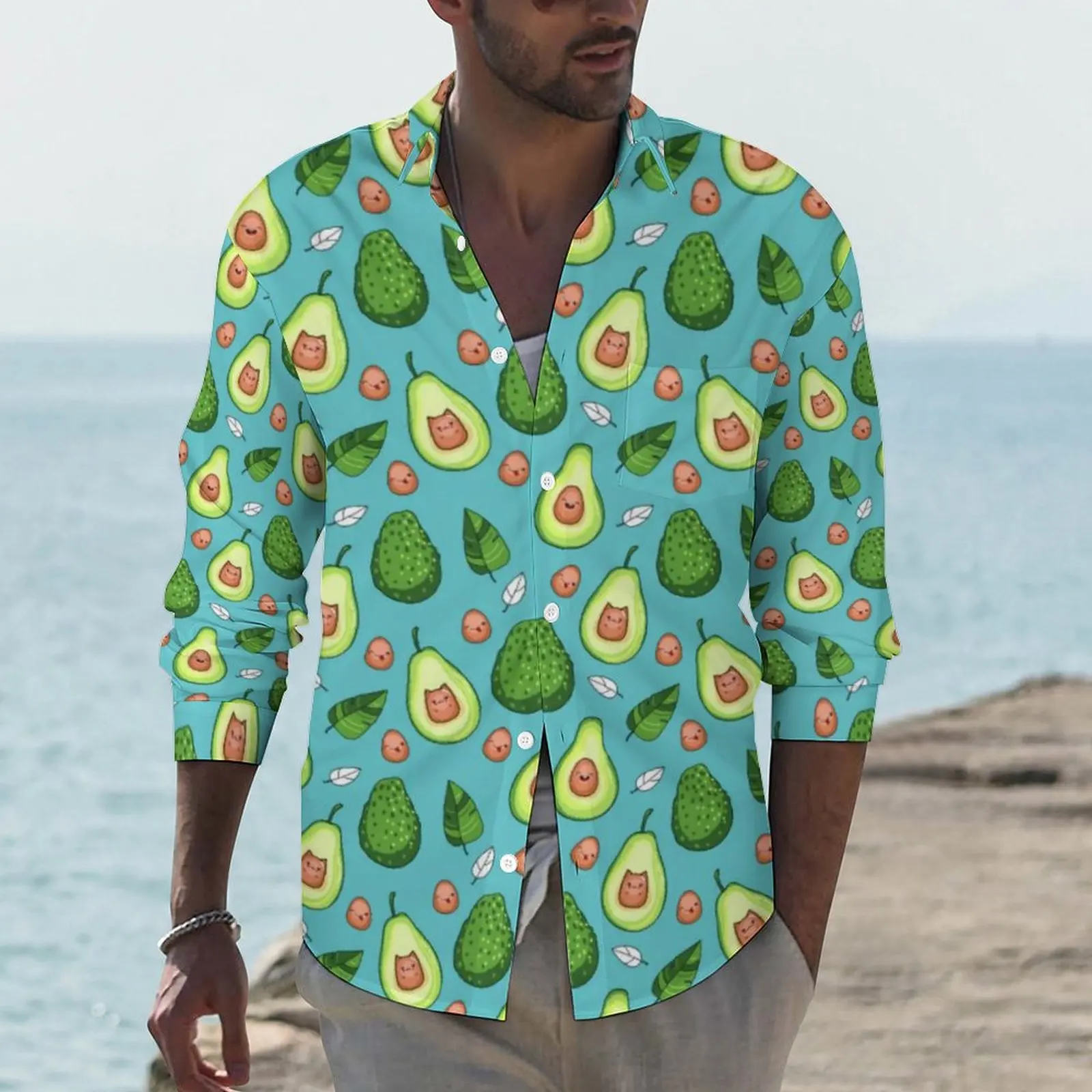 

Funny Fruit Print Shirt Autumn Green Avocado Casual Shirts Man Cool Blouses Long Sleeve Graphic Streetwear Top Plus Size