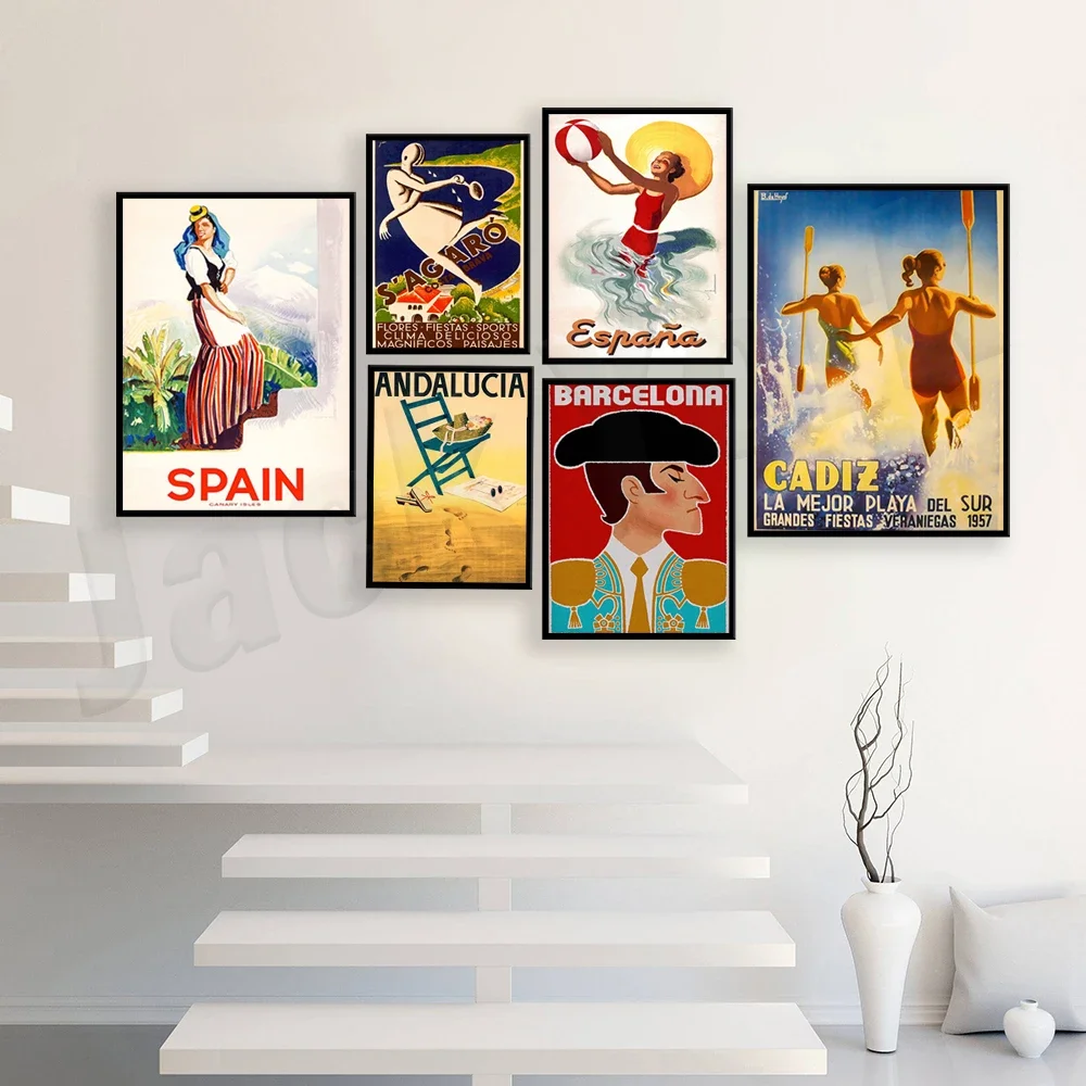 Canary Islands, Barcelona, Andalusia, Costa Brava, Salamanca, La Mejor Playa del Sur, Cadiz, Spain vintage travel poster