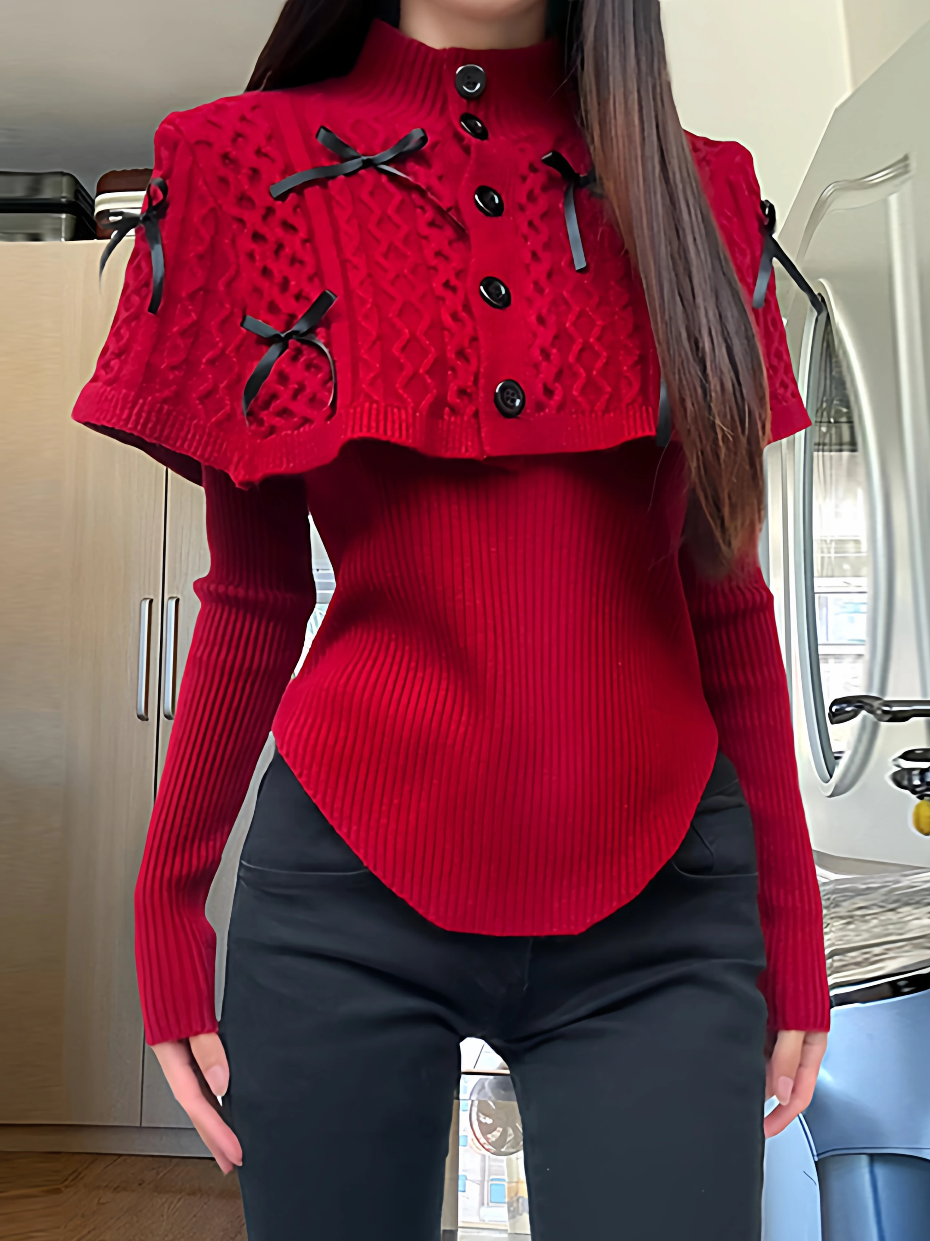 Women's New Winter 2-piece Red Knit Pullover Set Bow-accented Capelet Elegant Asymmetry Solid Tops Luxury Office Commute Outfits