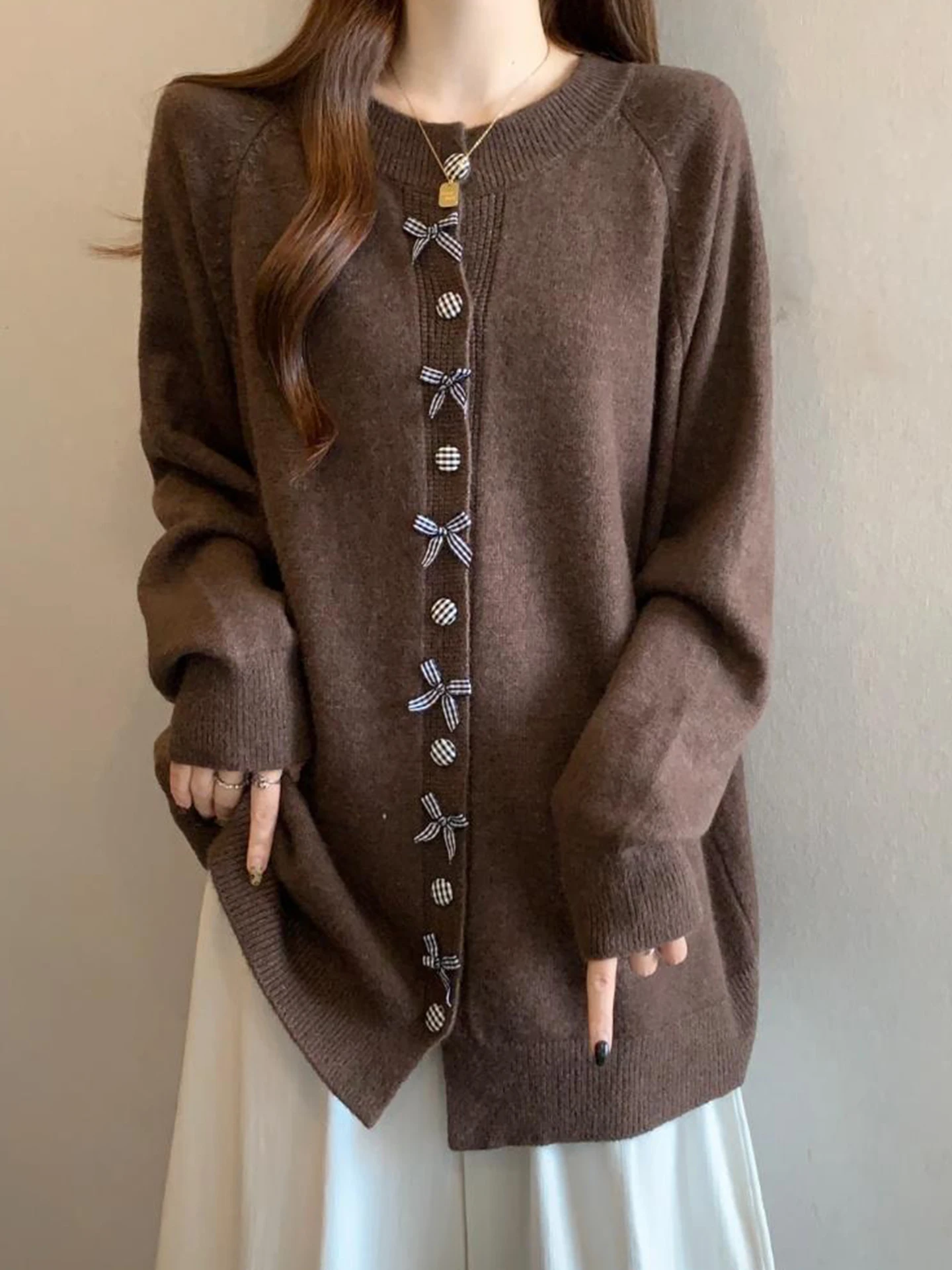 

Soft Cozy Medium Length Knitted Open Cardigan Women's Autumn Winter plus Size round Ne Sweater Jaet Butt Covering