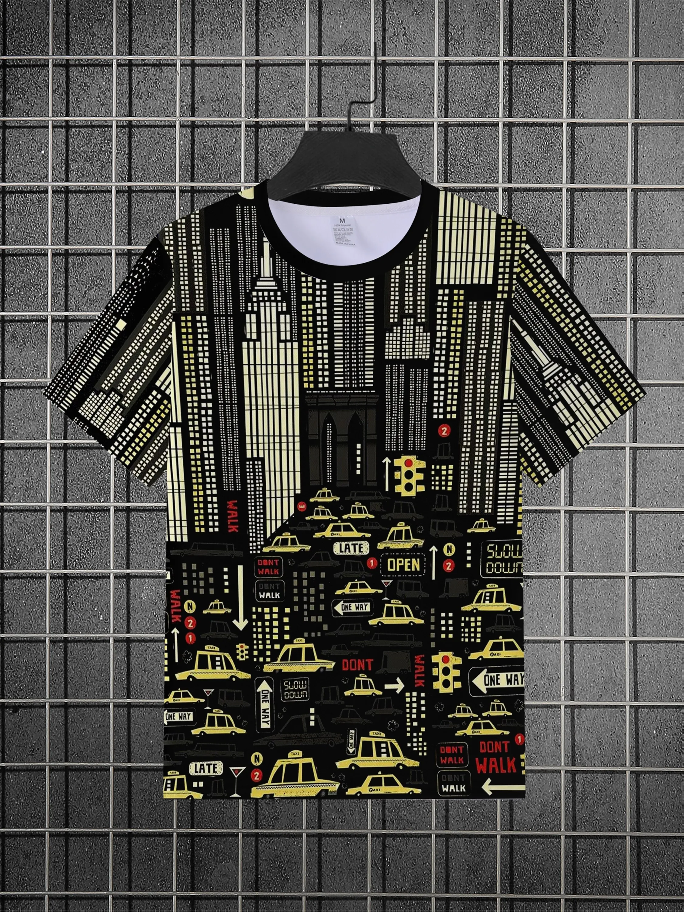 Men Golden City Building Taxi Traffic Sign Print Black Crew Neck Short Sleeve T-shirt