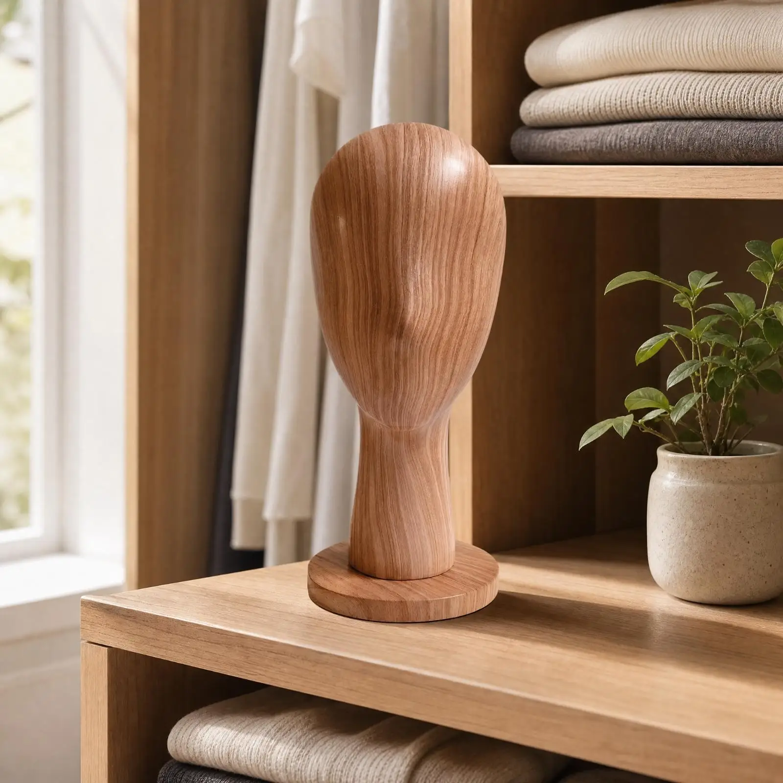 Fiberglass Head Form Hat Stand with Neck Wood Base for Wig Display Mannequin Head for Store Counter and Studio