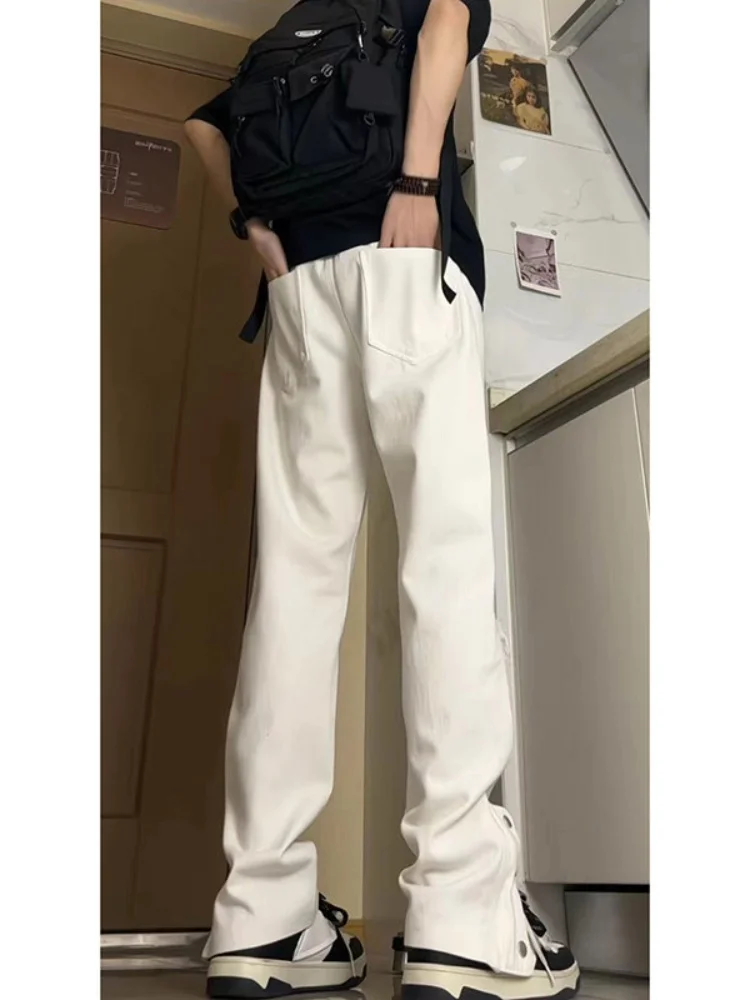 White Ripped Jeans Men's Design Split Micro Flared Button Pants Summer Loose Straight Leg High Street Trousers Youth Fashion - view 2