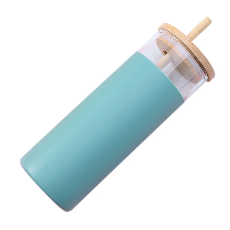 500Ml Glass Tumbler Glass Water Bottle Straw Silicone Protective Sleeve Cute Water Cup Bamboo Lid Heat-Resistant Glass E