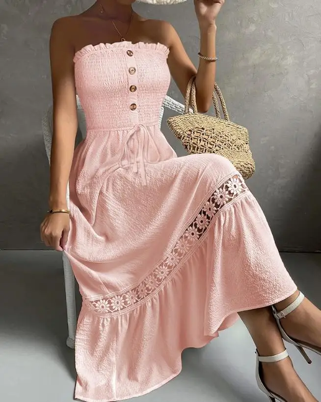 

Women's Dress Sweet Vacation Solid Bandeau Sleeveless Shirred Lace Patch Frill Hem Button Decor High Waist A Line Maxi Dress