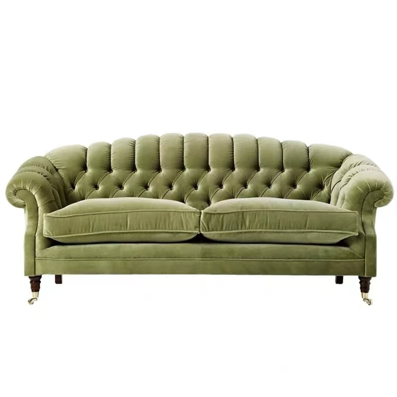 French retro olive green velvet  buckle Internet celebrity designer small apartment Xiaohongshu  sofa