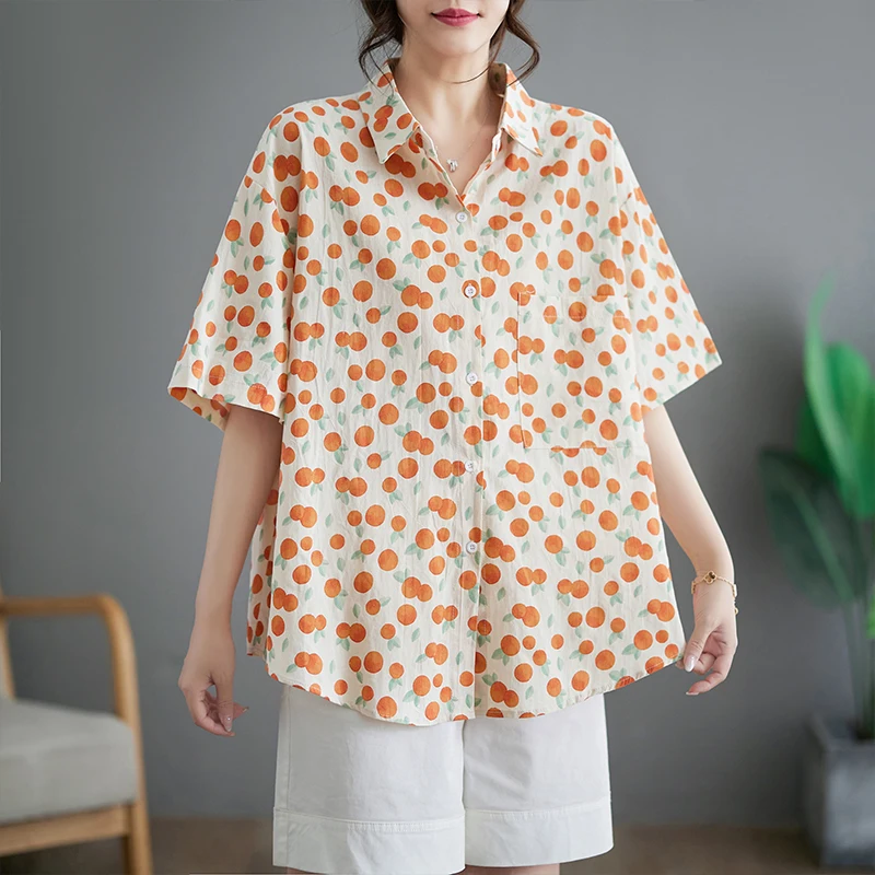 Summer Fresh Style Breathable Orange Printed Shirts Polo Collar Shorts Sleeved For Women Thin Beach Holiday Casual Female Tops