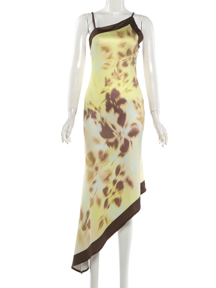 Nibber Sling-Kleid mit unregelmäßigem Saum und Pflaumenblüten-Print für Damen, Sommertrend, schräger Kragen, rückenfrei, Streetwear, eleganter Stil, lang, figurbetont – Detail 3