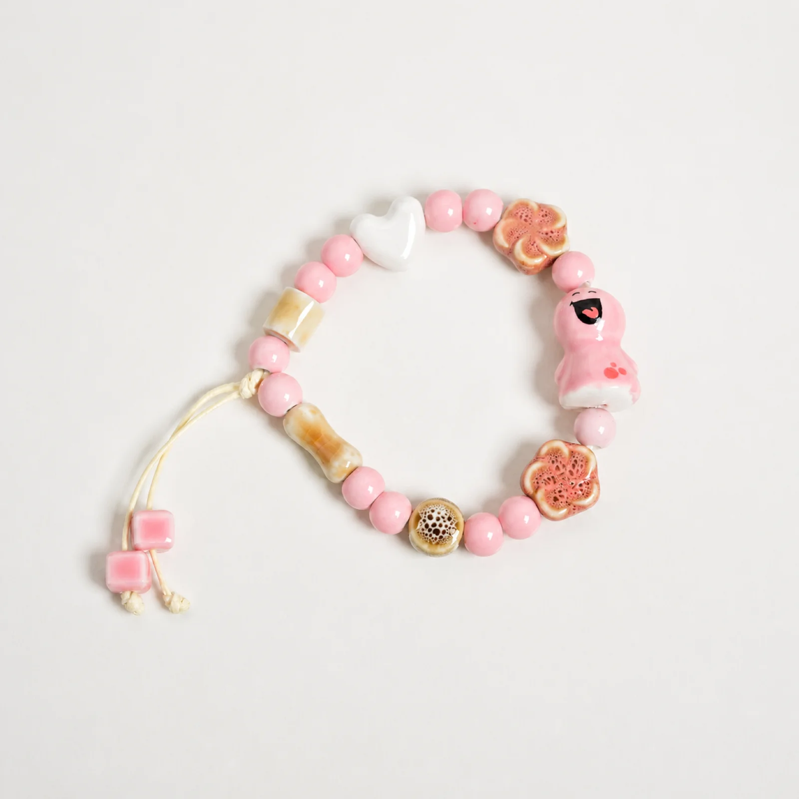 Handmade Ceramic Pistachio Bead Bracelet Waxed Cord Hand Braided Stretch Floral Bead Jewelry Accessory 608P12-15