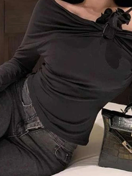 Camiseta larga ajustada Sve para mujer, diseño de hombro, patrón Floral, versión coreana, algodón, poliéster, primavera y otoño