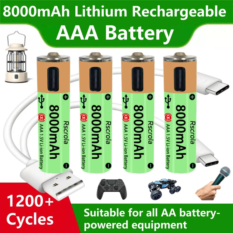 Durable AAA Rechargeable Battery Large Capacity 8000mAh Battery USB-C Fast Charge 1200 Cycle for Toy Camera Clock Remote Control