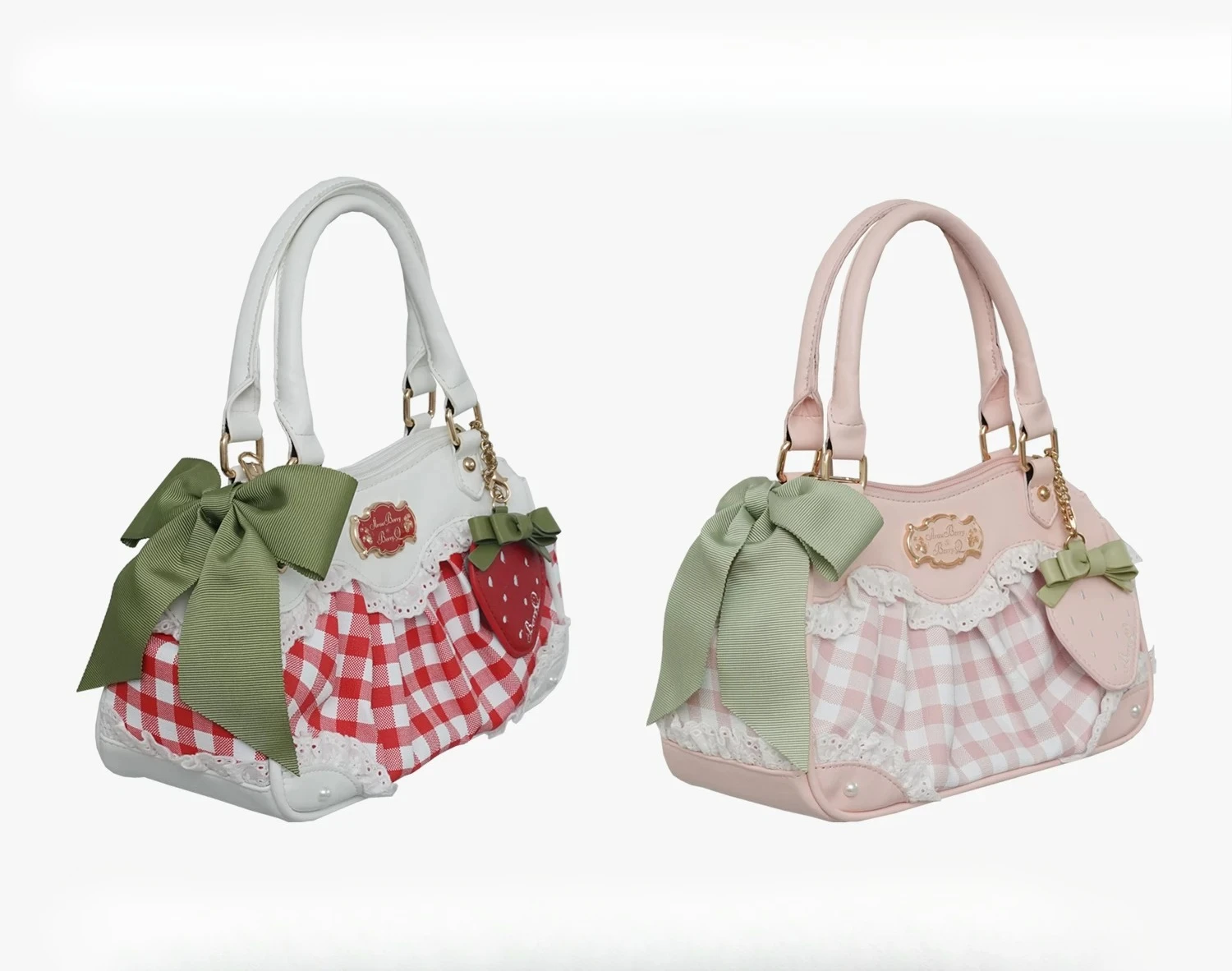 Sweet Lolita Handbag Women Plaid Strawberry Applique Bow Lace Crossbody Bag Japanese Harajuku Cute Cosplay Party Shoulder Purse