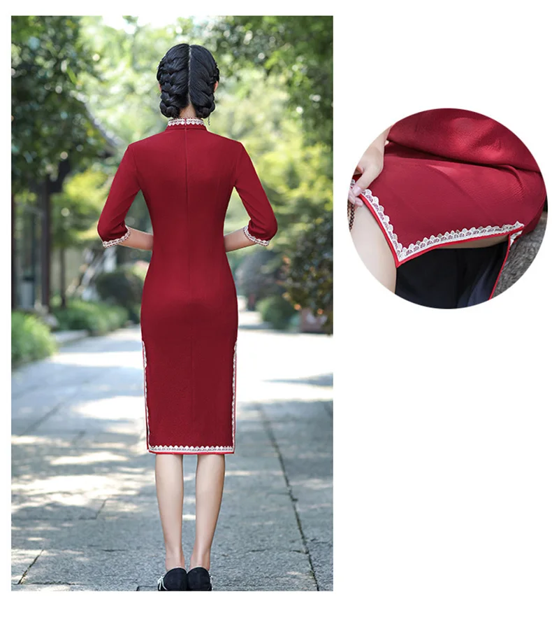 3 Colors 3/4 Sleeve Mid Long Cheongsam Slim Elegant Traditional Evening Dress Vintage New Chinese Style Winter Lace Qipao