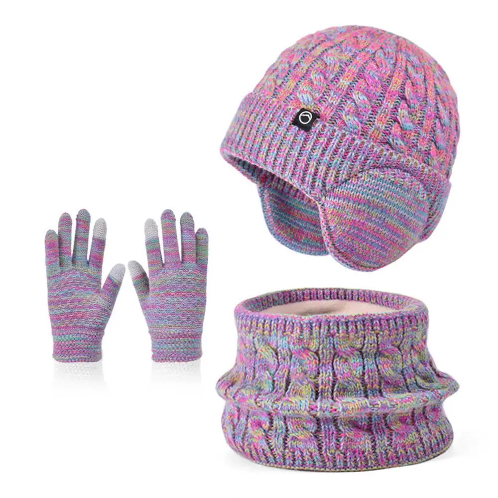 Fleece Lined Children's Hat Neck Scarf Gloves Set Warm Winter Neck Warmers Thick Ear Protection Skull Caps for Boys and Girls