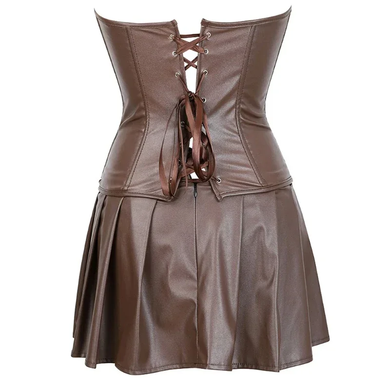 Damen Punk-Kleider mit Reißverschluss, Gothic Lederkorsett-Top, Lederkorsetts, Minirock, Sexy Damen-Lochkleid mit Schnürung, Plissiertes Cosplay-Kleid – Detail 14