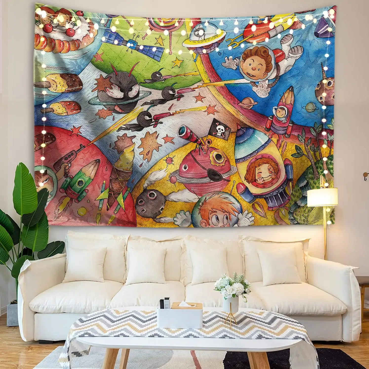 VIKAMA Tapisserie d'aquarelle sur le thème de l'exploration spatiale pour enfants, tissu de fond avec astronaute et vaisseau spatial de dessin animé, décoration de chambre