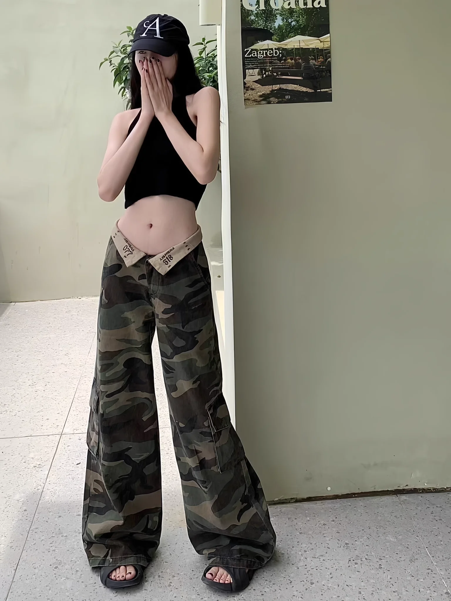 Fashionable Camouflage Wide Leg Jeans Women's Cuffed High Waist Straight Slimming Trousers Street Design Hot Girl Denim Pants