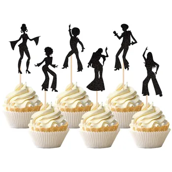 70 년대 디스코 컵케이크 토퍼, 블랙 글리터, 70 년대 디스코 댄스 컵케이크 픽, 80 년대 디스코 댄서 음악 케이크 장식, 24 개 