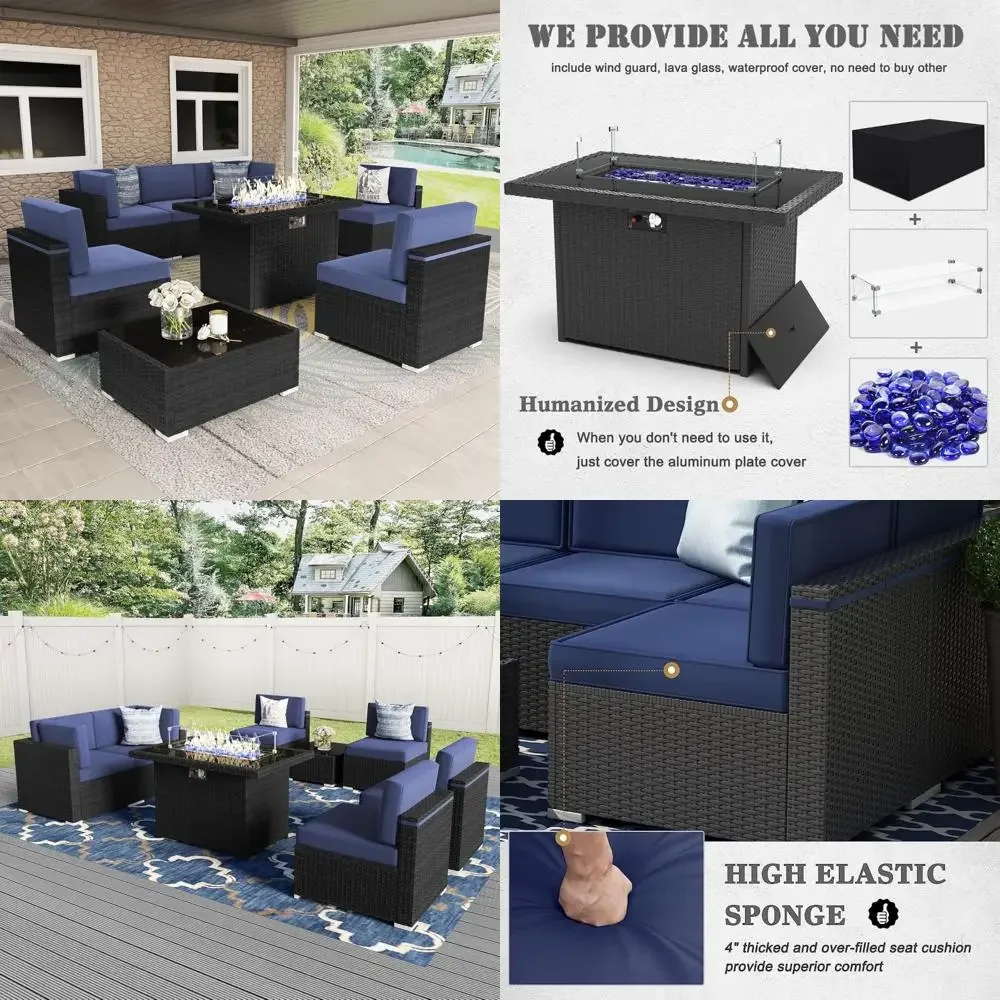 

Комплект мебели для патио из 8 предметов, включая 44-дюймовый стол для пожарной ямы на пропане и уличный секционный плетеный разговорный диван с кофе