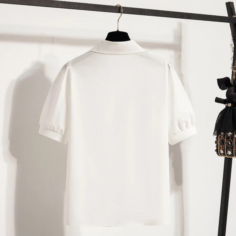 2025 ผู้หญิงแขนสั้นหลวมพลัสขนาดเสื้อElegantแขนสั้นเดี่ยวBreastedเสื้อBow Lace-Upเสื้ออเนกประสงค์