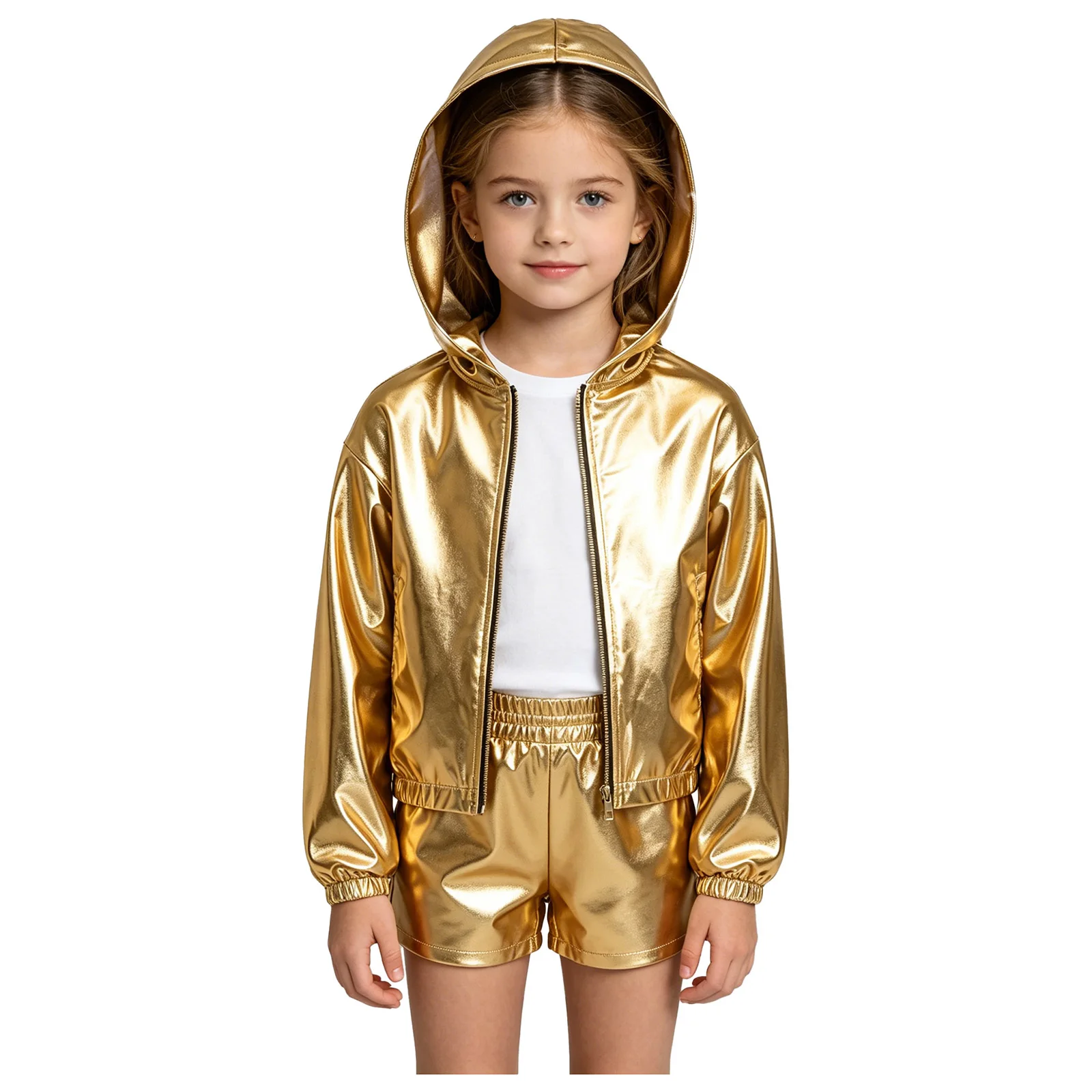 Kids Girls Metallic Hooded Jacket Long Sleeve Zipper Shiny Hoodies Coat Outerwear with Pockets for Hip Hop Jazz Street Dance